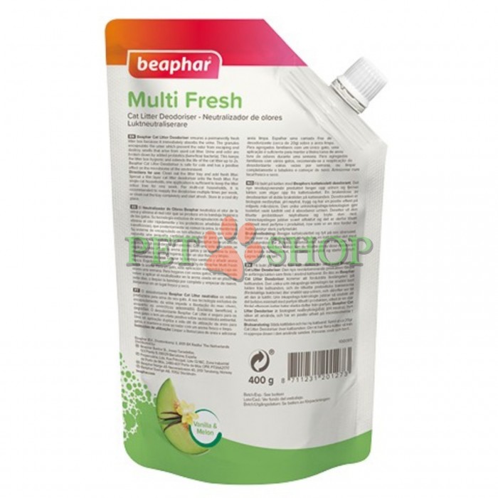 <p><strong>Beaphar Multi Fresh</strong>&nbsp;устраняет неприятные запахи и продлевает срок использования наполнителя для кошачьего туалета. <strong>С приятным ароматом ванили и дыни.</strong></p>