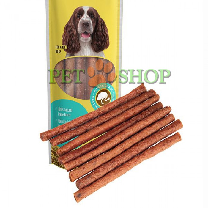 <p><strong>Delicatese special concepute pentru c&icirc;ini de toate rasele - bastonașe cărnoase formulate pe bază de carne de struț., 45 gr</strong></p>
