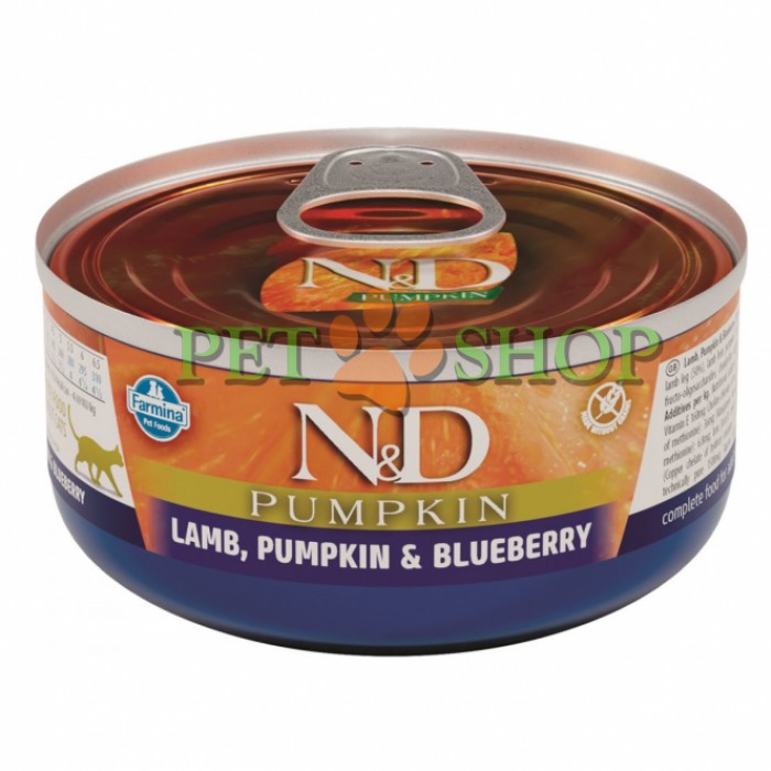 <p>Farmina ND Cat Lamb, Pumpkin, Blueberry. Hrană umedă completă pentru pisici adulte.</p>