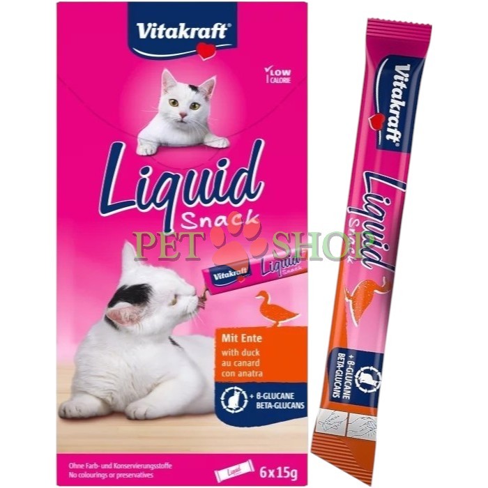 <p><strong>Vitakraft Cat Liquid Snack с уткой и &szlig;-глюканами</strong> - продукт не содержит искусственных ароматизаторов, консервантов и красителей.</p>