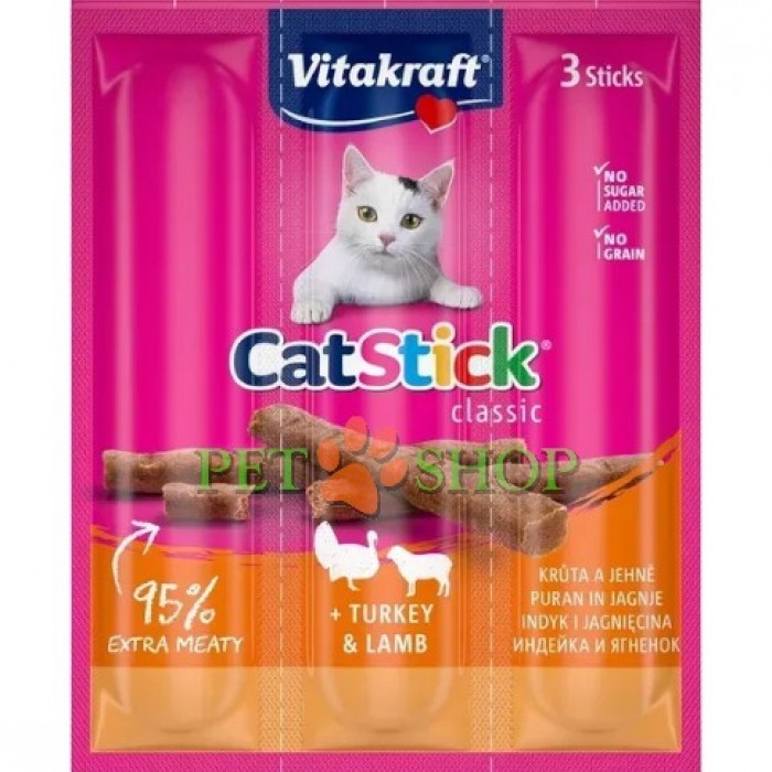 <p><strong>Vitakraft Sticks Turkey Lamb&nbsp;</strong>&mdash; это вкусные мясные палочки с высоким содержанием белка, созданные специально для кошек. Без сахара и зерна.</p>