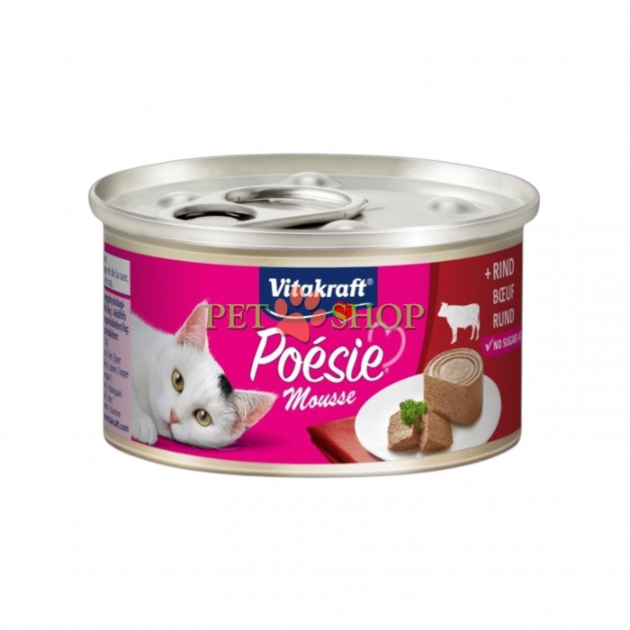 <p><strong>Vitakraft Po&eacute;sie Mousse Beef </strong>&mdash; hrană umedă tip pate pentru pisici adulte, cu mousse delicat pe bază de carne de vită &icirc;ntr-un sos ușor. Fără cereale, zahăr, coloranți artificiali, conservanți și arome.</p>