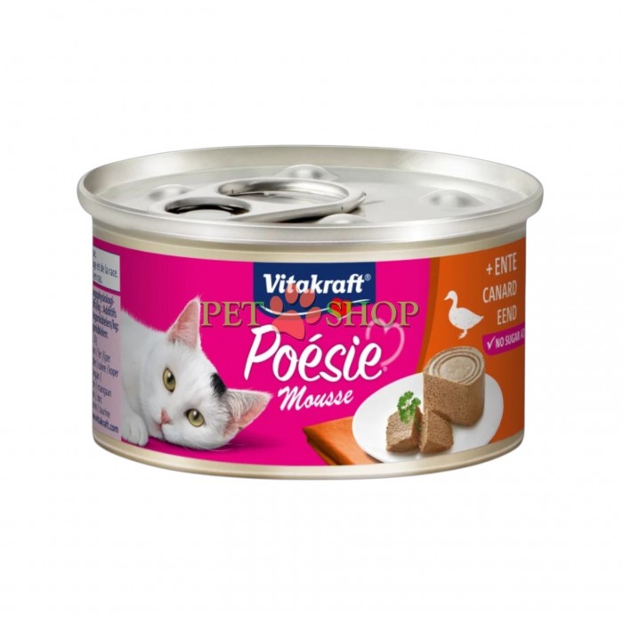 <p><strong>Vitakraft Po&eacute;sie Mousse Duck</strong> &mdash; hrană umedă tip pate pentru pisici adulte, cu mousse delicat pe bază de carne de rață &icirc;ntr-un sos ușor. Fără cereale, zahăr, coloranți artificiali, conservanți și arome.</p>