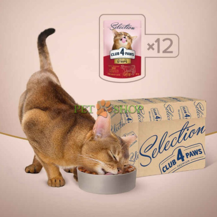 <p><strong>Club 4 Paws (Клуб 4 Лапы) Premium Selection Cat Strips Beef in Broccoli Cream Soup - Влажный корм с говядиной в крем-супе из брокколи для котов (полоски) 85 грамм</strong></p>