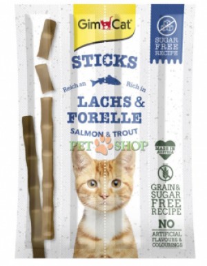 <p><strong>Мясные палочки для кошек Gimcat - стикс со вкусом лосося и форели, 4 палочки по 5 грамм</strong></p>