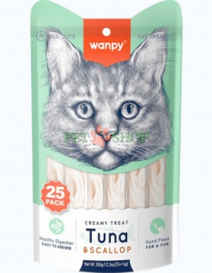 <p><strong>Wanpy Creamy Lickable Treats Tuna,&nbsp;Scallop</strong>&nbsp;<strong>- жидкое лакомство с тунцом и гребешками&nbsp;для котов 25 шт. по 14 гр (1 пакетик)</strong></p>