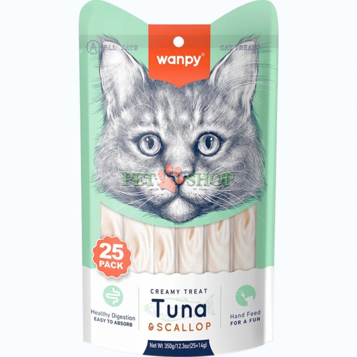 <p><strong>Wanpy Creamy Lickable Treats Tuna,&nbsp;Scallop</strong>&nbsp;<strong>- жидкое лакомство с тунцом и гребешками&nbsp;для котов 25 шт. по 14 гр (1 пакетик)</strong></p>