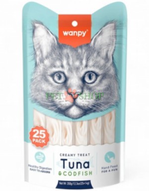 <p><strong>Wanpy Creamy Lickable Treats Tuna,&nbsp;Codfish - жидкое лакомство с тунцом и треской для котов 25 шт. по 14 гр (1 пакетик)</strong></p>