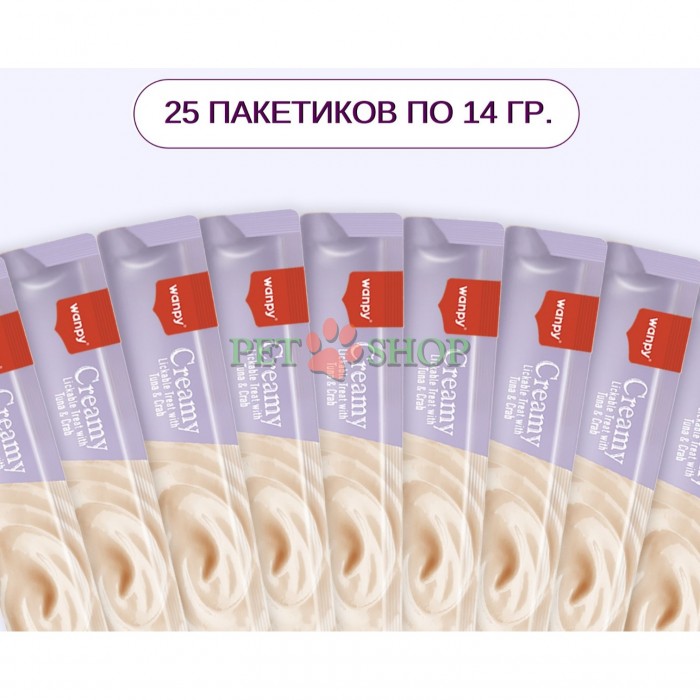 <p><strong>Аппетитное лакомство с кремовой текстурой на основе тунца&nbsp;и краба для взрослых кошек и котят старше 3 месяцев, 25 шт по 14 грамм (1 пакетик)</strong></p>