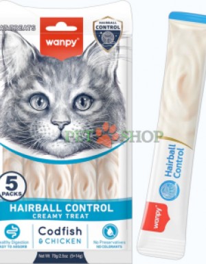 <p><strong>Wanpy Cat Functional Creamy Treats Codfish, Chicken Hairball Control &mdash; функциональное кремовое лакомство для кошек со вкусом курицы и трески, разработанное для профилактики образования шерстяных комков.&nbsp;</strong>Подходит для кошек всех пород и возрастов от 3 месяцев,&nbsp;14 грамм 1 пакетик.</p>