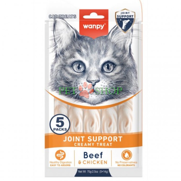 <p><strong>Wanpy Functional Creamy Treat Joint Support</strong> &mdash; gustare cu textură cremoasă pe bază de vită și pui, destinată susținerii sănătății articulațiilor la pisici și pisoi de toate rasele, cu v&acirc;rsta de peste 3 luni, 14 gr 1 pliculet.</p>