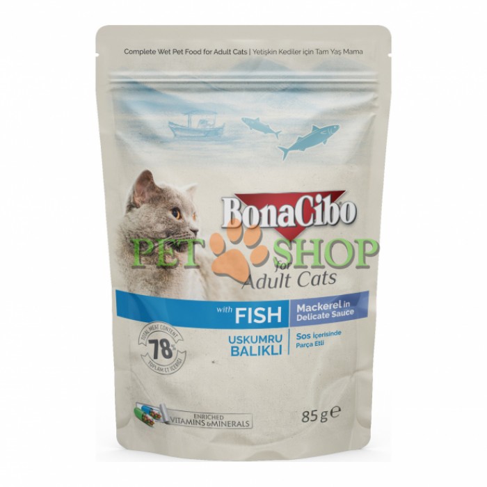 <p><strong>BonaСibo Пресервы для кошек, Кусочки с рыбой в соусе&nbsp;для взрослых&nbsp;кошек&nbsp;85 гр</strong></p>