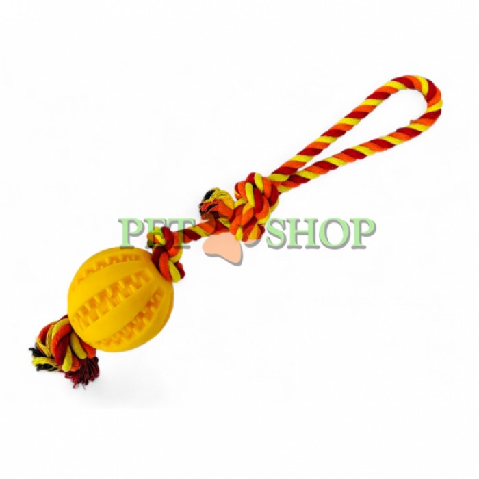 <p><strong>Веревочная игрушка с одним мячом, диаметр - 6&nbsp;см, длина - 35 см</strong></p>