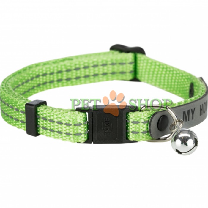 <p><strong>Ошейник для кошки. Оснащен металлическим колокольчиком, светоотражающей строчкой и адресником (адрес на.носится вручную (перманентный маркер)). Материал - нейлон. Длина регулируется пластиковым ползунком и фиксируется застежкой-фастекс. Длина 30 см. Цвет&nbsp;в ассортименте.</strong></p>