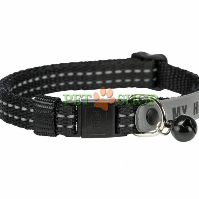 <p><strong>Ошейник для кошки. Оснащен металлическим колокольчиком, светоотражающей строчкой и адресником (адрес на.носится вручную (перманентный маркер)). Материал - нейлон. Длина регулируется пластиковым ползунком и фиксируется застежкой-фастекс. Длина 30 см. Цвет&nbsp;в ассортименте.</strong></p>