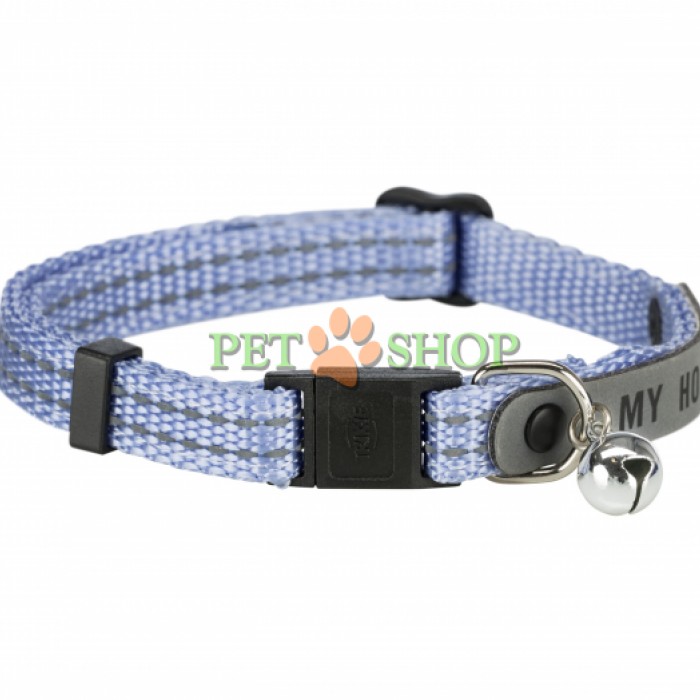 <p><strong>Ошейник для кошки. Оснащен металлическим колокольчиком, светоотражающей строчкой и адресником (адрес на.носится вручную (перманентный маркер)). Материал - нейлон. Длина регулируется пластиковым ползунком и фиксируется застежкой-фастекс. Длина 30 см. Цвет&nbsp;в ассортименте.</strong></p>