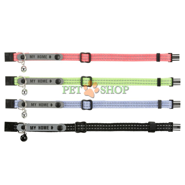 <p><strong>Ошейник для кошки. Оснащен металлическим колокольчиком, светоотражающей строчкой и адресником (адрес на.носится вручную (перманентный маркер)). Материал - нейлон. Длина регулируется пластиковым ползунком и фиксируется застежкой-фастекс. Длина 30 см. Цвет&nbsp;в ассортименте.</strong></p>