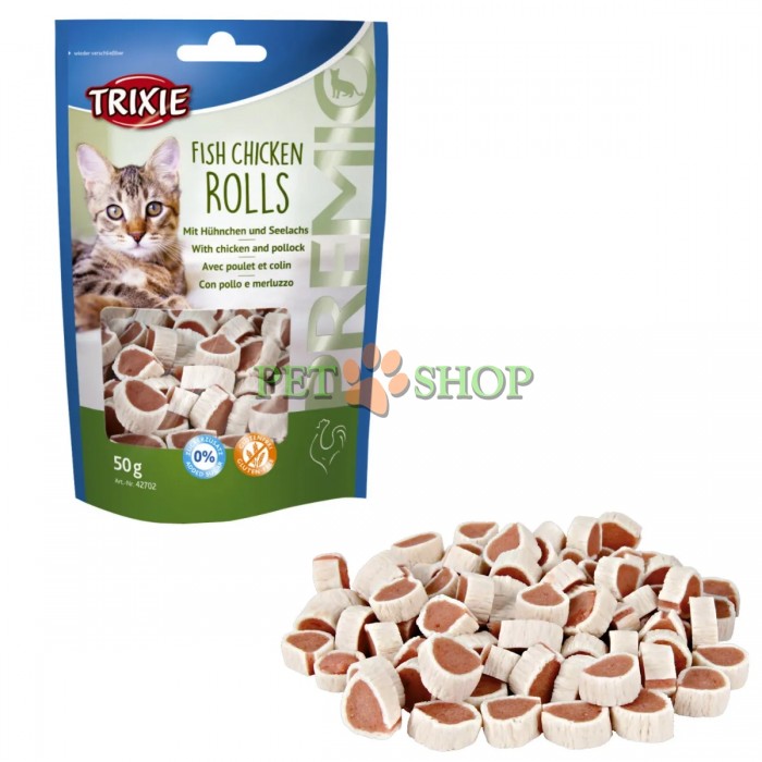 <p>с курицей и минтаем;</p>

<p>содержание мяса не менее 65%, рыбы не менее 18%;</p>

<p>безглютеновая рецептура;</p>

<p>в повторно закрываемой упаковке.</p>

<p>Фасовка: 50гр.&nbsp;Производитель: Германия.</p>