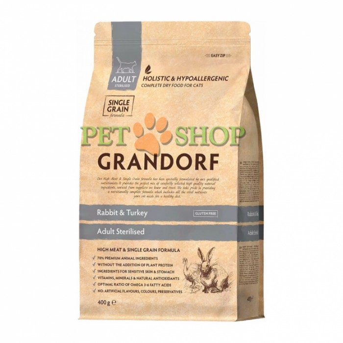 <p>GRANDORF Cat Rabbit&Turkey Adult Sterilised&nbsp;400 gr - pentru pisici sterilizate&nbsp;și motane castrate de la 1 an și pisici mai &icirc;n v&acirc;rstă cu digestie sensibilă sau alergii.</p>