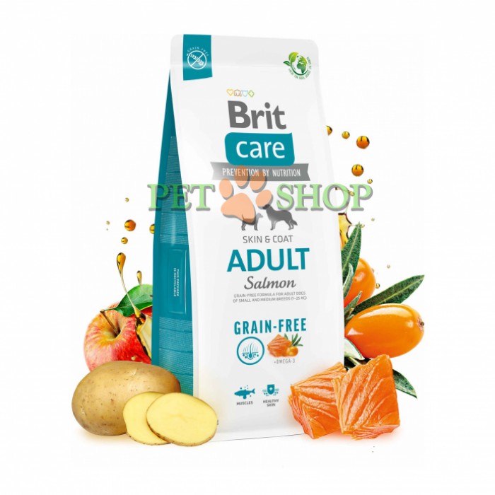 <p><strong>Brit Care Grain-free Adult Salmon & Potato 12 кг - Беззерновая формула с лососем и картофелем для взрослых собак малых и средних пород от 1 до 25 кг.</strong></p>