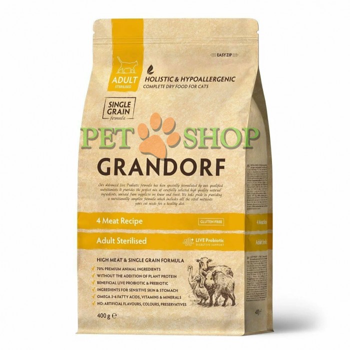<p><strong>Сухой корм GRANDORF для стерилизованных кошек 4 вида мяса с бурым рисом и пробиотиками 4 Meat Recipe Adult Sterilised 400 gr</strong></p>