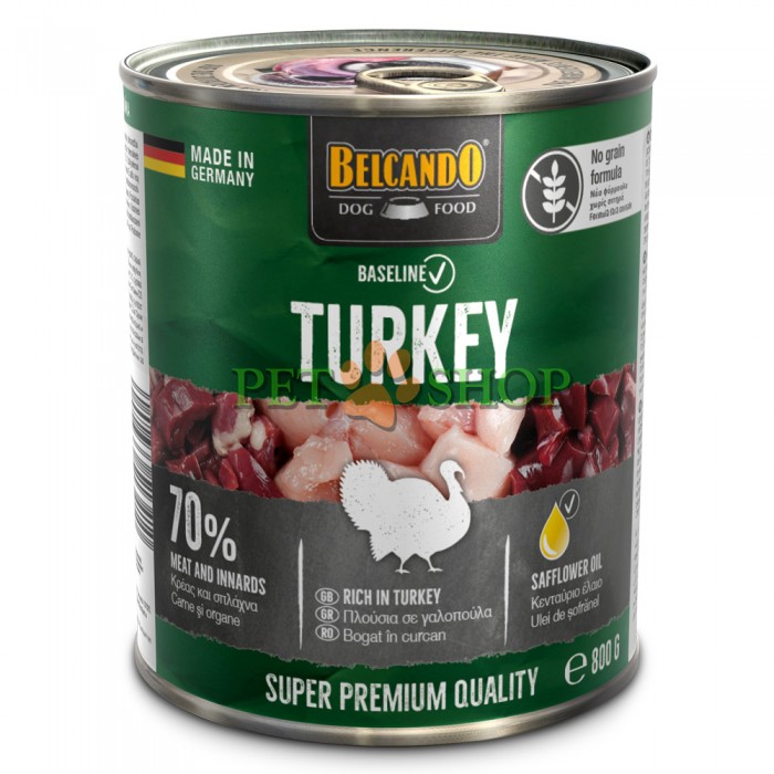 <p><strong>Полнорационный корм для собак Belcando Baseline с индейкой 800 гр.&nbsp;В корме используются только качественные мясные продукты, пригодные для потребления человеком.&nbsp;Не содержит искусственных красителей, ароматизаторов и консервантов. Не содержит сои или злаков.</strong></p>