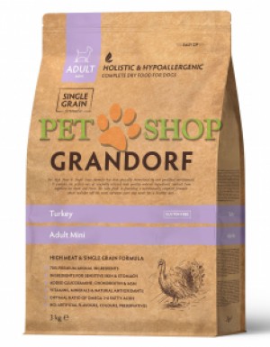 <p>GRANDORF SINGLE GRAIN DOG ADULT MINI TURKEY 3 kg - pentru câini adulți de talie mică cu activitate normală, digestie sensibilă sau alergii.</p>