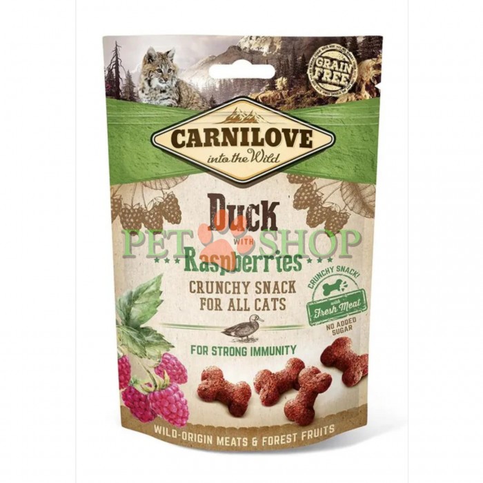 <p><strong>Carnilove Snack Crunchy Duck with Raspberries - вкусное лакомство с уткой для кошек всех пород. Содержит лесную малину &mdash; натуральный источник антиоксидантов для сильного иммунитета. Без добавления зерна и сахара.</strong></p>