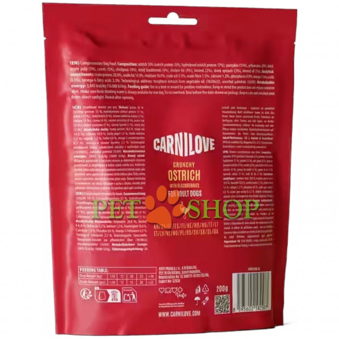 <p><strong>Carnilove Dog Crunchy Snack</strong> <strong>Ostrich</strong>&nbsp;<strong>with Blackberries&nbsp;</strong>&ndash; recompensă foarte fragedă și crocantă pentru c&acirc;ini adulți de toate rasele, cu carne de struț și mure.</p>