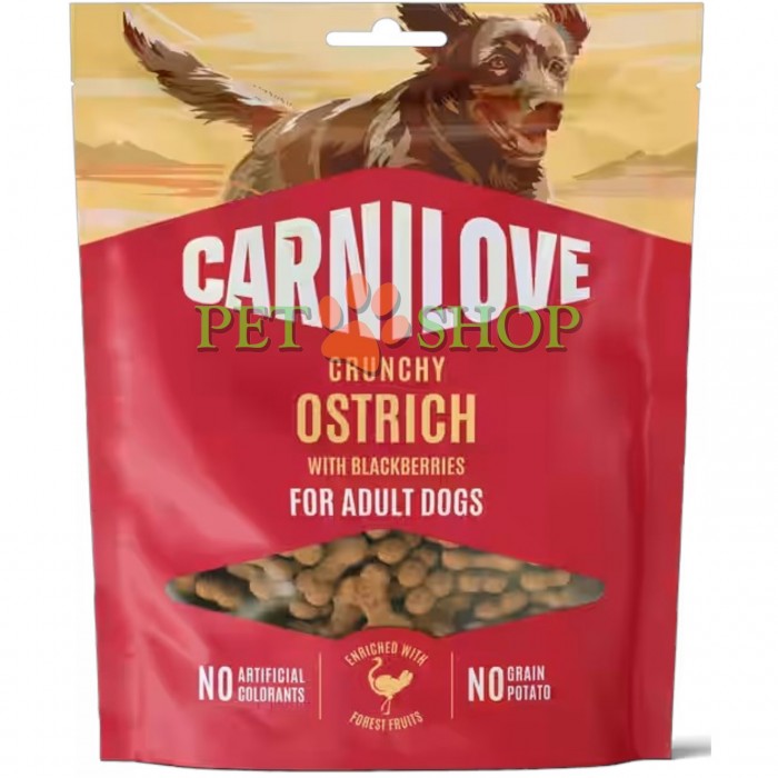 <p><strong>Carnilove Dog Crunchy Snack</strong> <strong>Ostrich</strong>&nbsp;<strong>with Blackberries&nbsp;</strong>&ndash; recompensă foarte fragedă și crocantă pentru c&acirc;ini adulți de toate rasele, cu carne de struț și mure.</p>