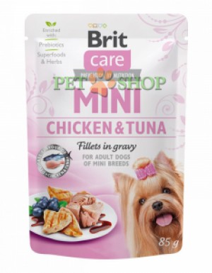 <p><strong>Brit Care Mini Chicken, Tuna fillets in gravy Консервы для собак малых пород с курицей и тунцом в соусе 85 грамм</strong></p>