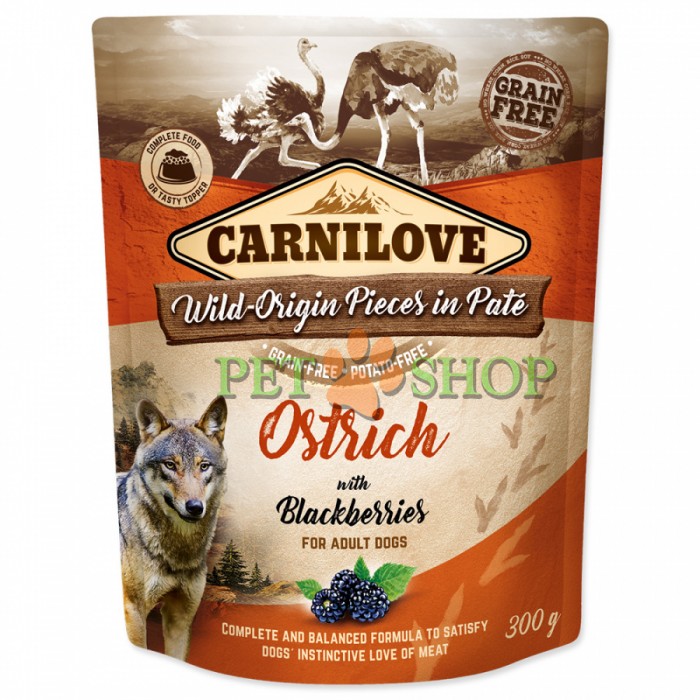 <p><strong>Carnilove Ostrich with Blackberries 300 gramm, O mâncare completă sau un topping delicios pentru granule. Fără cereale, cartofi, OMG, soia, conservanți sau coloranți. Conținut ridicat de carne 85%.</strong></p>