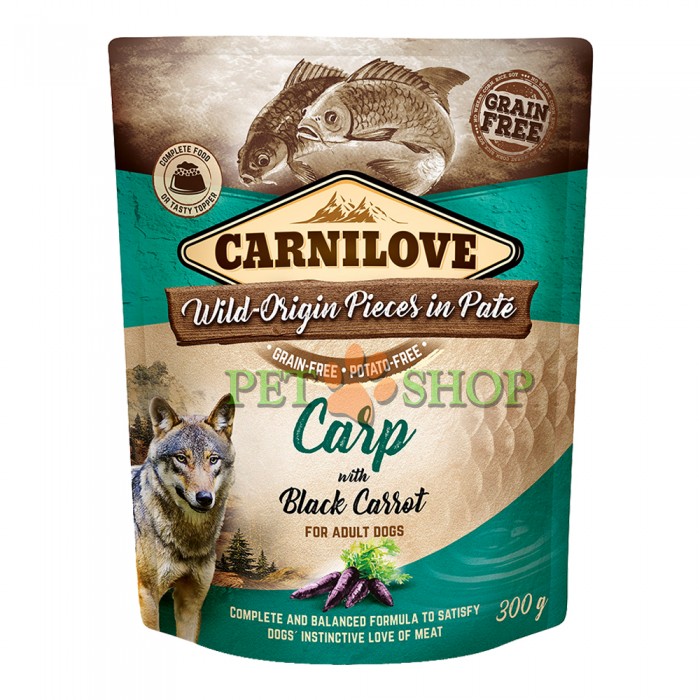 <p><strong>Carnilove&nbsp;Carp with Black Carrot&nbsp;300 gramm - O m&acirc;ncare completă sau un topping delicios pentru granule. Fără cereale, cartofi, OMG, soia, conservanți sau coloranți. Conținut ridicat de carne 85%.</strong></p>