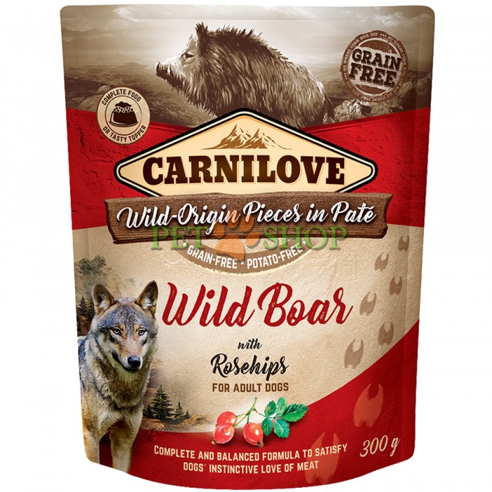 <p><strong>Carnilove&nbsp;Wild Boar with Rosehip&nbsp;300 gramm, O m&acirc;ncare completă sau un topping delicios pentru granule. Fără cereale, cartofi, OMG, soia, conservanți sau coloranți. Conținut ridicat de carne 85%,&nbsp;Carnea de porc mistreț.</strong></p>