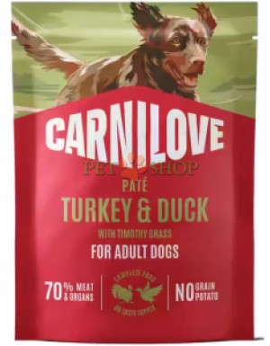 <p><strong>Carnilove&nbsp;Turkey</strong>,&nbsp;<strong>Duck with Timothy Grass -&nbsp;</strong>мясной паштет в пауче с индейкой, уткой и тимофеевкой. Для взрослых собак всех пород.&nbsp;<strong>Свежее мясо и субпродукты -&nbsp;Без зерна&nbsp;-&nbsp;Без искусственных консервантов, ароматизаторов и красителей.</strong></p>