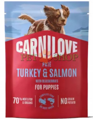 <p><strong>Carnilove Turkey Salmon with Blueberries pentru căței</strong> &ndash; pateu din carne &icirc;n plic, cu curcan, somon și afine. Pentru căței de toate rasele, cu v&acirc;rsta cuprinsă &icirc;ntre 1 și 12 luni.&nbsp;<strong>Carne proaspătă și organe - Fără cereale și cartof - Fără conservanți, arome și coloranți artificiali.</strong></p>