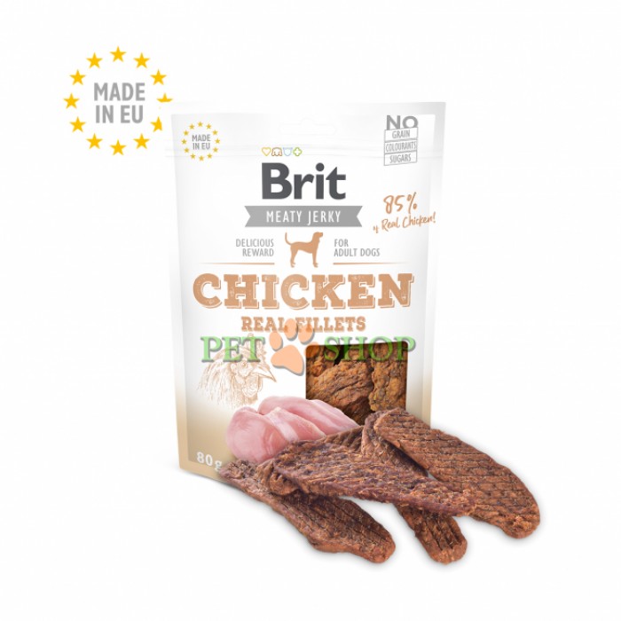 <p><strong>Brit Jerky Snack-Chicken Fillets. Hrană suplimentară pentru câini adulți.</strong></p>