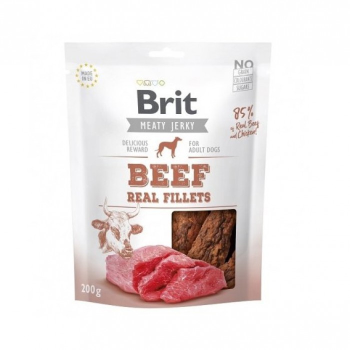 <p><strong>Brit Jerky Snack-Chicken and Beef Fillets. Hrană suplimentară pentru câini adulți.</strong></p>