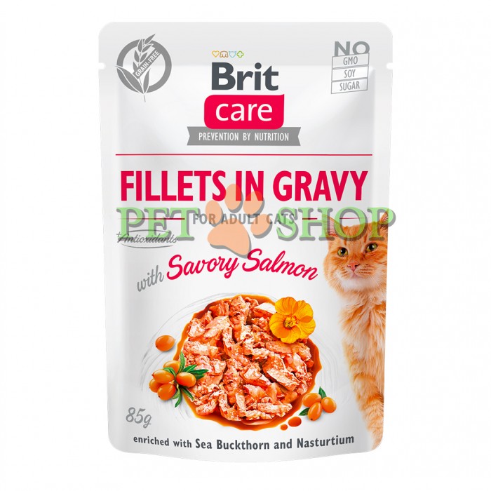 <p><strong>Fileuri din somon &icirc;n zeamă &icirc;mbogățite cu cătină albă și nasturtium. Hrană umedă completă super-premium fără cereale pentru pisici adulte.</strong></p>