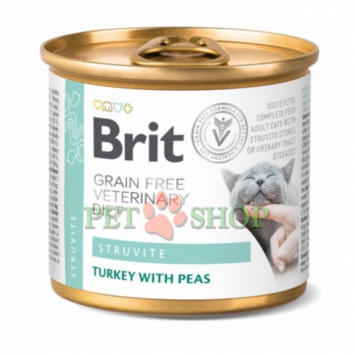 <p><strong>Brit Grain-Free Veterinary Diet Cat Struvite Turkey with Peas</strong>&nbsp;&mdash; полнорационный и сбалансированный диетический корм для кошек, страдающих заболеваниями нижних мочевыводящих путей.</p>