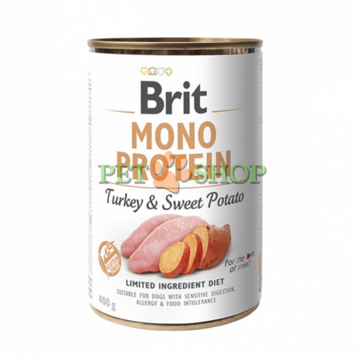 <p><strong>Консервы&nbsp;Brit Mono Protein Turkey, Sweet Potato&nbsp;содержат 100% натурального белка из мяса свежей индейки, дополненное&nbsp;полезным сладким картофелем,&nbsp;Великолепно подходят для собак с чувствительным пищеварением, аллергией и пищевой непереносимостью.</strong></p>