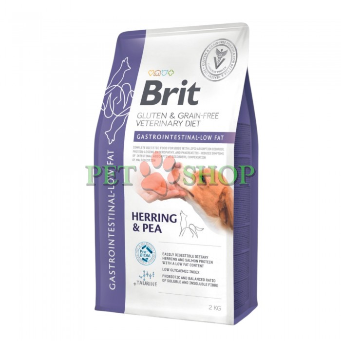 <p><strong>Brit VET Diet Dog Gastrointestinal-LOW FAT</strong>&nbsp;&mdash; полнорационный диетический корм для собак с мальабсорбцией липидов, энтеропатией с потерей белка и панкреатитом. Уменьшает нарушения всасывания в кишечнике и компенсирует нарушение пищеварения.</p>