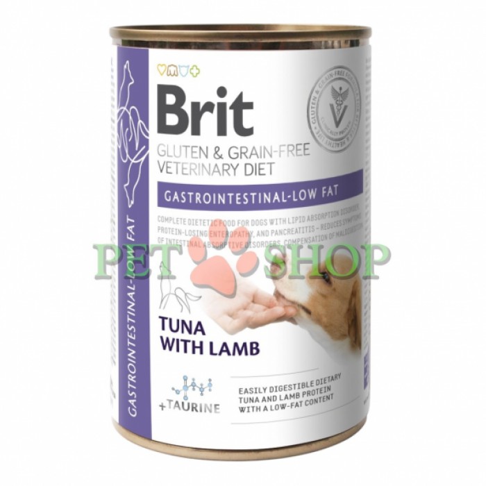 <p><strong>Brit VET Diet Dog Gastrointestinal LOW FAT 400 gr - </strong>hrană umedă pentru c&acirc;ini cu gust de ton și miel, destinată c&acirc;inilor cu malabsorbție a lipidelor, enteropatie cu pierdere de proteine și pancreatită. Reduce tulburările de absorbție intestinală și compensează digestia deficitară.</p>