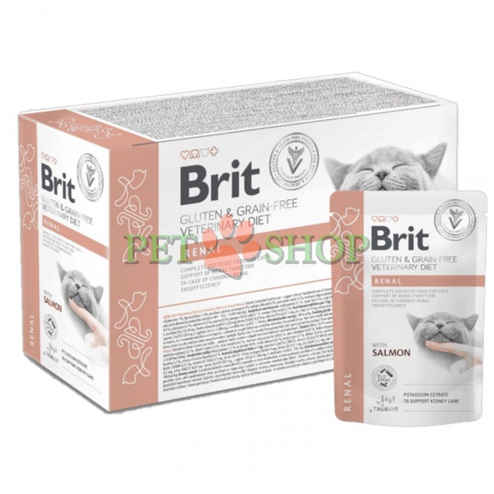 <p><strong>Brit VD Veterinary Diet Renal Salmon -&nbsp;</strong>полнорационный диетический влажный корм без зерна, с филе курицы, печени и лосося в соусе, специально разработанный для поддержки почечной функции при хронической почечной недостаточности у взрослых кошек, включает пребиотики и альгинаты для улучшения пищеварения и контроля фосфора.</p>