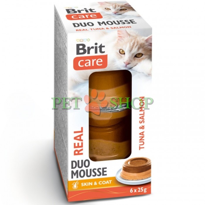 <p><strong>Brit Care&nbsp;Cat Real Duo Mousse Tuna, Salmon -&nbsp;</strong>дополнительный суперпремиальный влажный корм для кошек в виде нежного двухслойного мусса с тунцом и лососем для поддержания здоровья кожи и шерсти. <strong>В упаковке идет 6 маленьких консерв по 25 грамм (итого 150 гр).</strong></p>