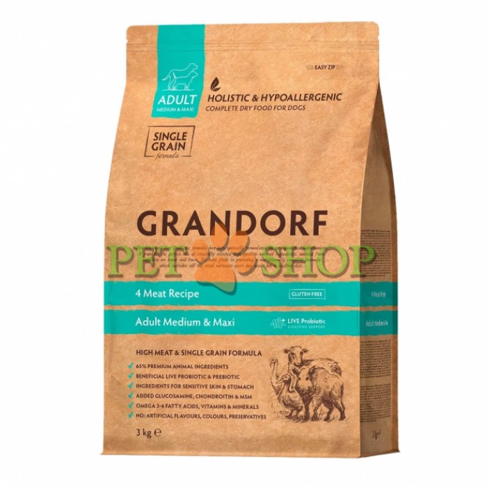<p><strong>Grandorf 4 Meat Recipe Adult Medium & Maxi Breeds&nbsp;&ndash; сухой гипоаллергенный корм, холистик класса взрослых собак&nbsp;средних и крупных пород с мясом ягненка, индейки, дикого кабана, утки с бурым рисом и пробиотиком.</strong></p>