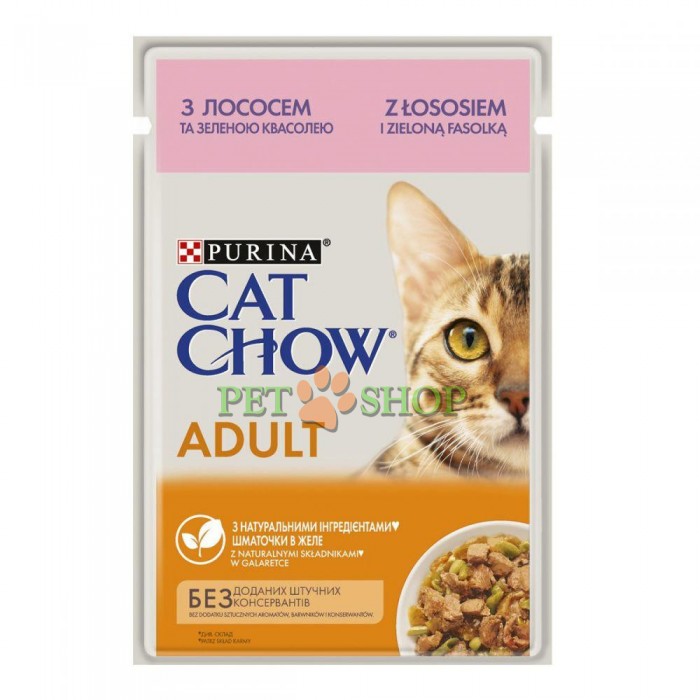 <p><strong>Влажный корм Cat Chow для взрослых кошек, лосось/зеленая фасоль&nbsp;в желе, пауч, 85 г</strong></p>