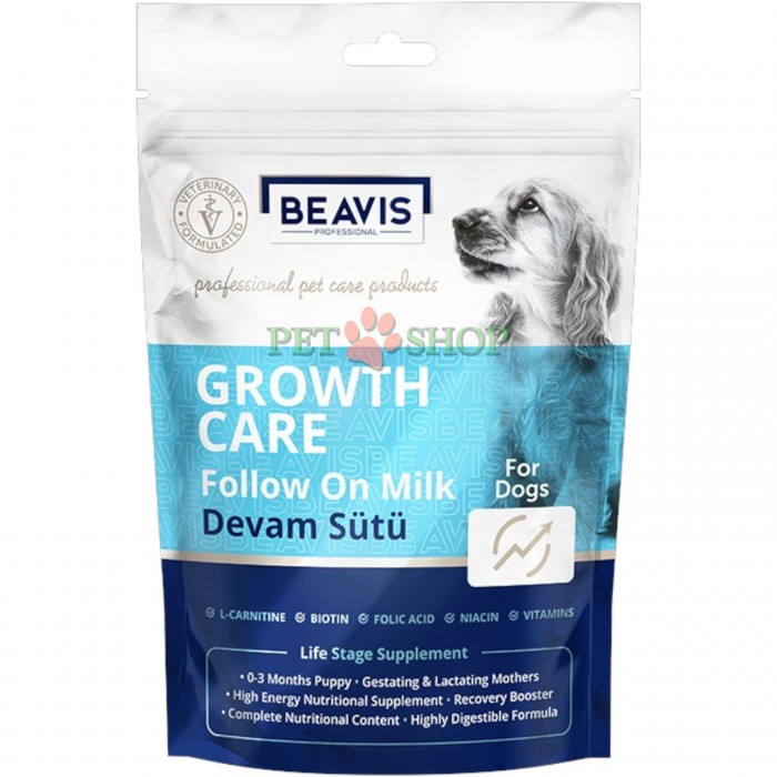 <p><strong>Beavis Growth Care Follow on Milk pentru c&acirc;ini</strong> &ndash; supliment pentru pui de c&acirc;ine, luați prematur de la mamă. Potrivit pentru pui de la 1 p&acirc;nă la 84 de zile. De asemenea, poate fi utilizat ca supliment nutritiv pentru c&acirc;ini adulți &icirc;nsărcinați, care alăptează, bătr&acirc;ni sau slăbiți.</p>