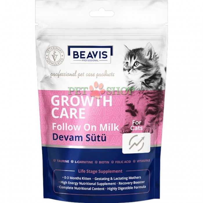<p><strong>Beavis Growth Care Follow on Milk for Cats</strong> &ndash; supliment pentru pisoii &icirc;nțărcați prematur de la mamă. Potrivit pentru pisoi cu v&acirc;rsta cuprinsă &icirc;ntre 1 și 84 de zile. De asemenea, poate fi utilizat ca supliment alimentar pentru pisici gestante, care alăptează, &icirc;n v&acirc;rstă sau slăbite.</p>