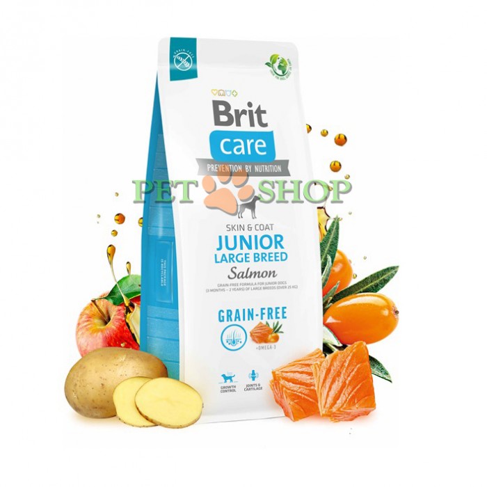 <p><strong>Brit Care Grain-free Junior Large Breed Salmon & Potato - Беззерновая формула с лососем и картофелем для молодых собак (3 месяца&nbsp;&ndash; 2 года) крупных пород более 25 кг</strong></p>